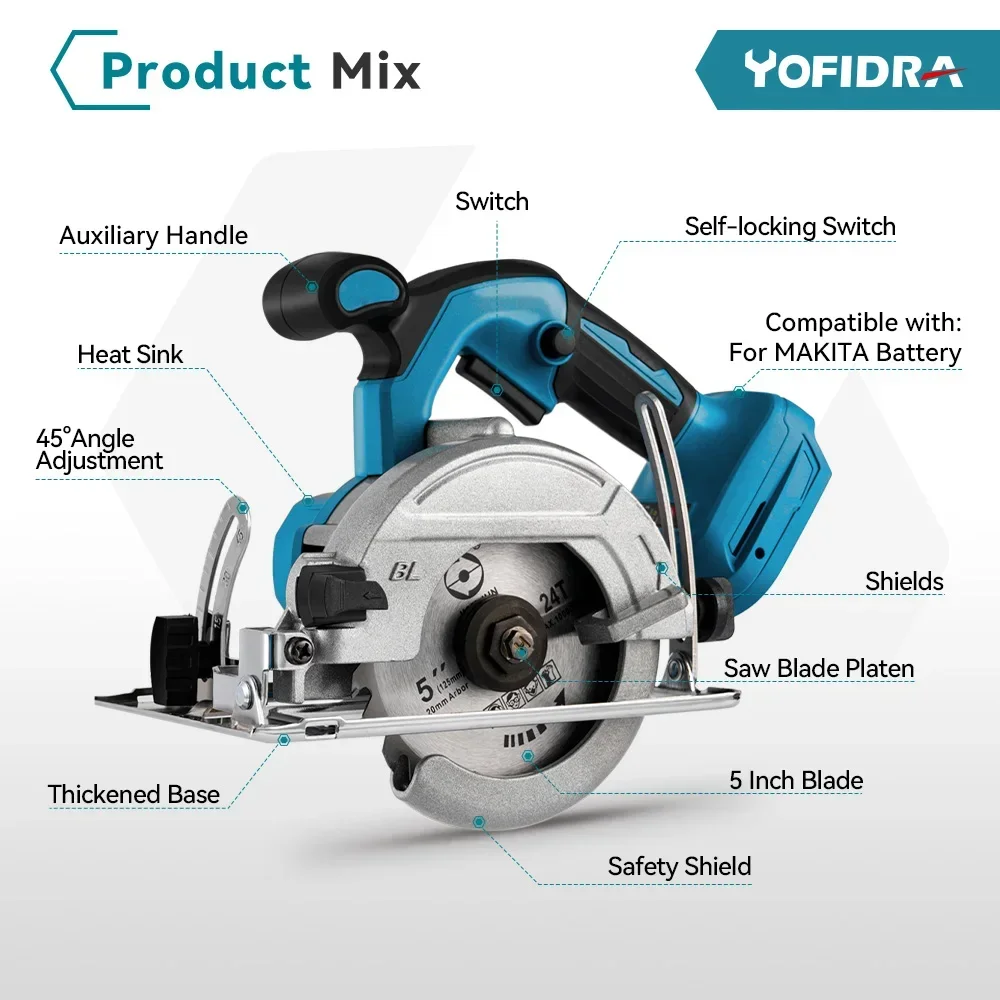 Yofidra 5 Zoll bürstenlose Kreissäge 125mm kabellose elektrische Säge winkel einstellbare Holz schneide maschine für Makita 18V Batterie