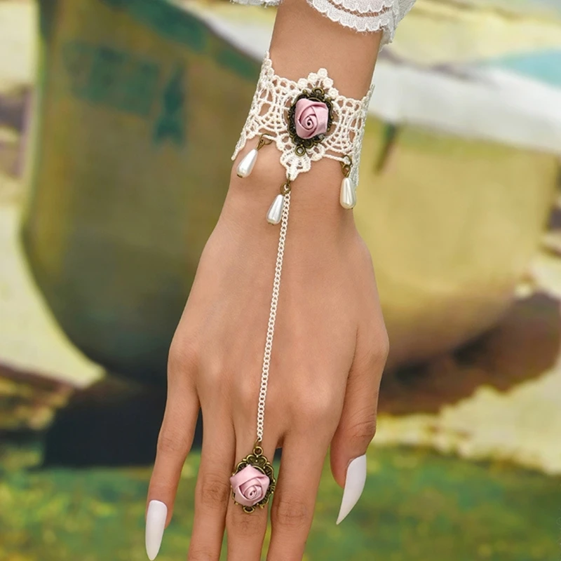 

Flower Hand Harness Bracelet with Finger Ring for Wedding Brides Lace Hand Chain Dropship