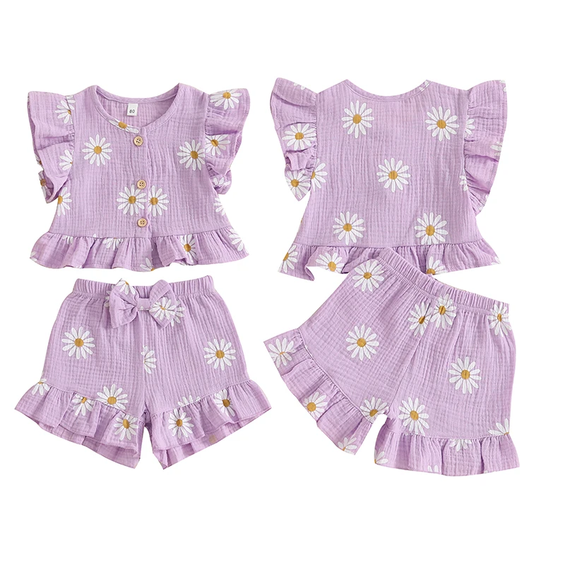 Floral Print Summer Outfit Set for Baby Girls - Cute Top  Elastic Shorts