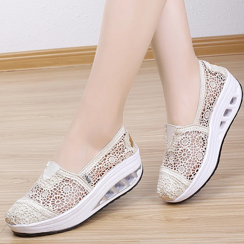 2022 Summer New Women Platform Shoes Woman Vulcanize Shoes Low-cut Lace Fretwork Heels Non-slip Breathable Luxury Brand Design
