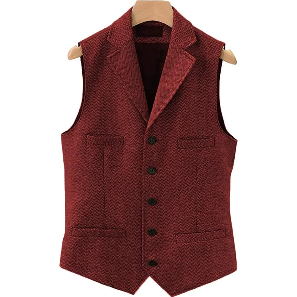 Tweed Herringbone Mens Suit Vest Slim Fit Notch Lapel With 4 Pockets Groomsmen Wedding Waistcoat For Wedding 5