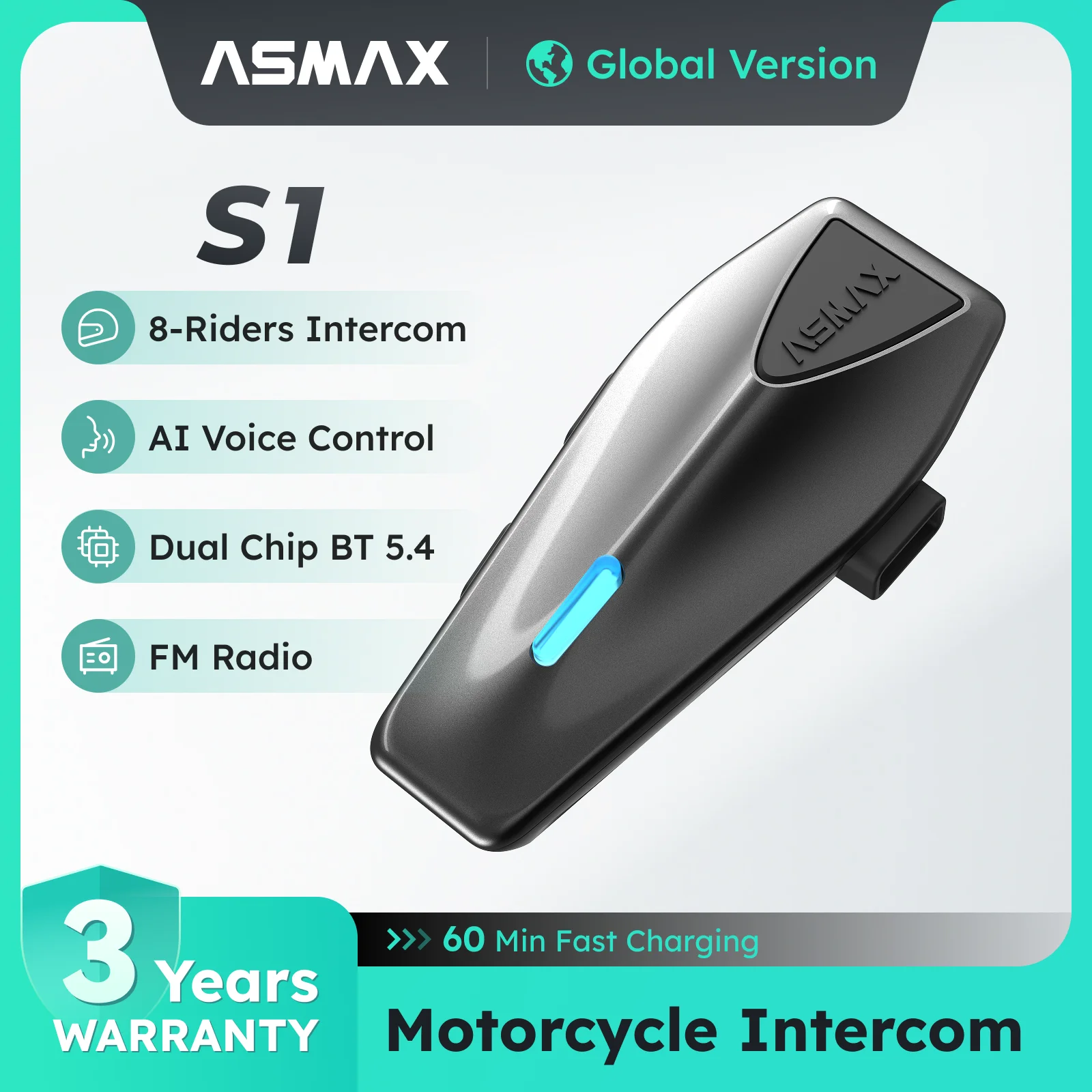 ASMAX S1 Bluetooth Motorcycle Intercom 8 Riders Communication