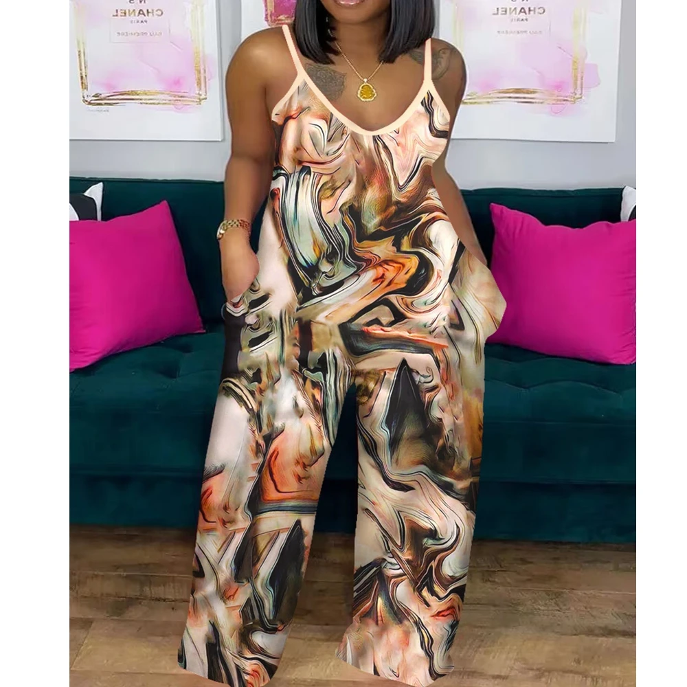 

Wepbel Camis Jumpsuits Women Summer Sleeveless Rompers Printed Sling Pocket Casual Jumpsuits Wide Leg Pants Loose Jumpsuits