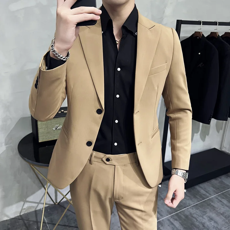 

2023 Spring Autumn Fashion New Men's Business Casual Solid Color Suits / Male Two Button Blazers Jacker Coat Trousers Pants