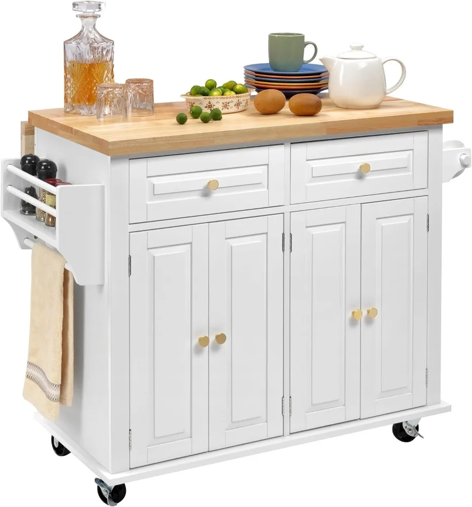 

Finnhomy Rolling Kitchen Island with Drop Leaf, Thicken Rubberwood Top, Spice Rack, Towel Rack, Drawer, 43.3" Portable Mobile