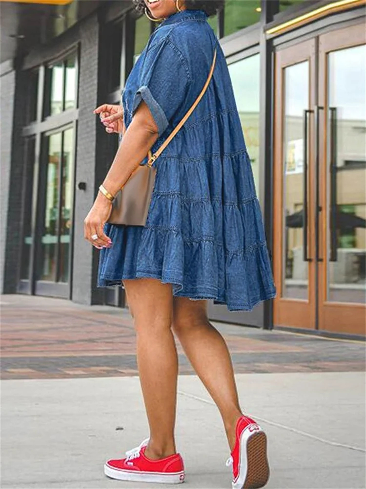 Wmstar Plus Size Denim Dresses Women Elegant Casual Loose Short Sleeve Summer Midi Dress Wholesale Dropshipping New Style