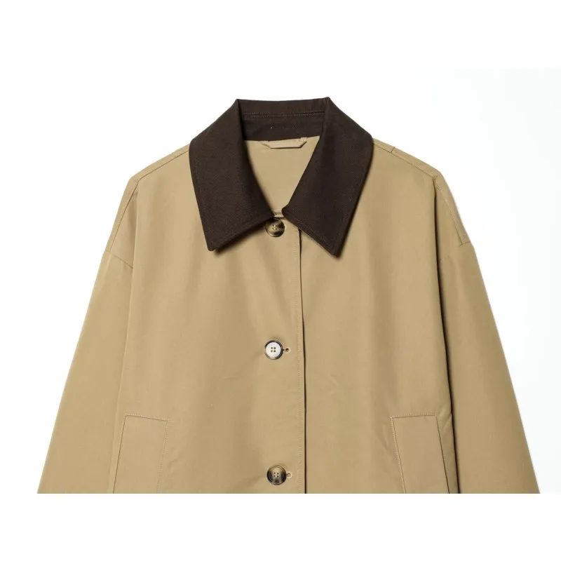 Women's Short Trench Coat with Contrast Collar New Spring Turn Down Collar Long Sleeve Button Women Coats Chic Female Jackets - 3