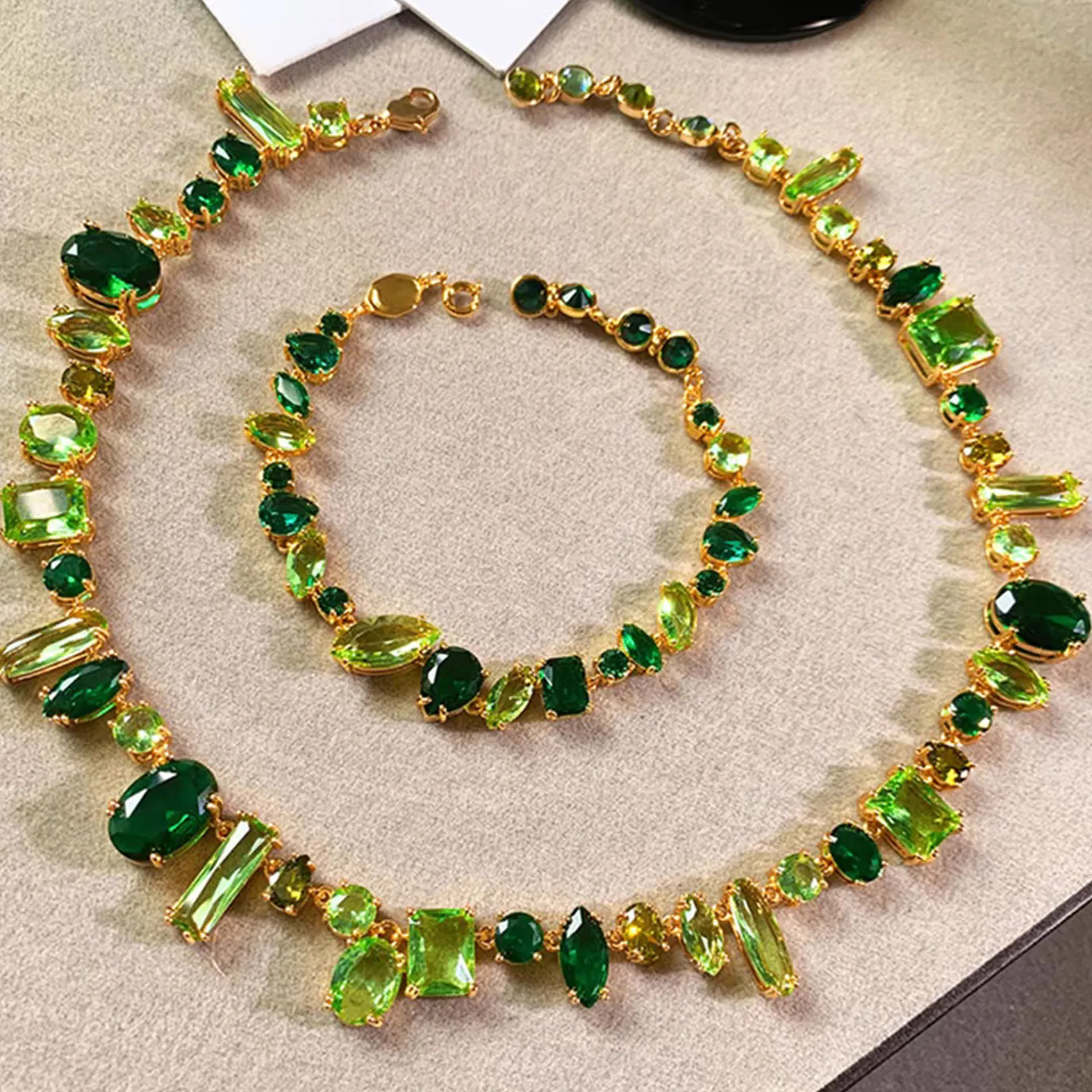 2025 Luxury Brand Shiny Yellow Candy Jewelry Set Charming for Women Green Crystal Necklace Earrings Bracelet Romantic Gift 3