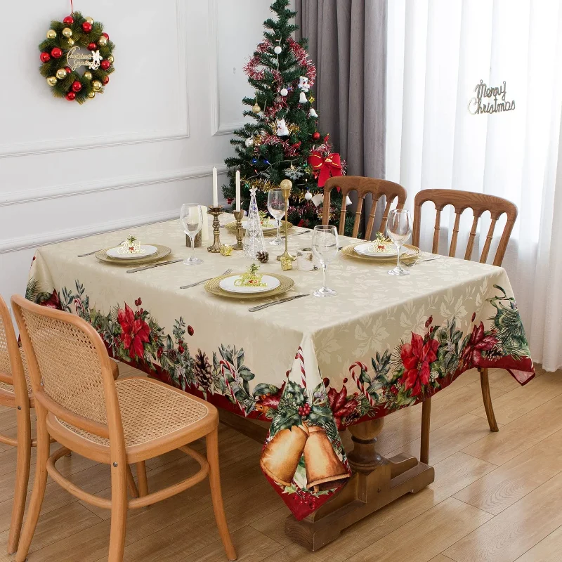Christmas Rectangular Jacquard Tablecloth Floral Stain Resistant Polyester Vintage Floral Tablecloth New Year's Party Decoration