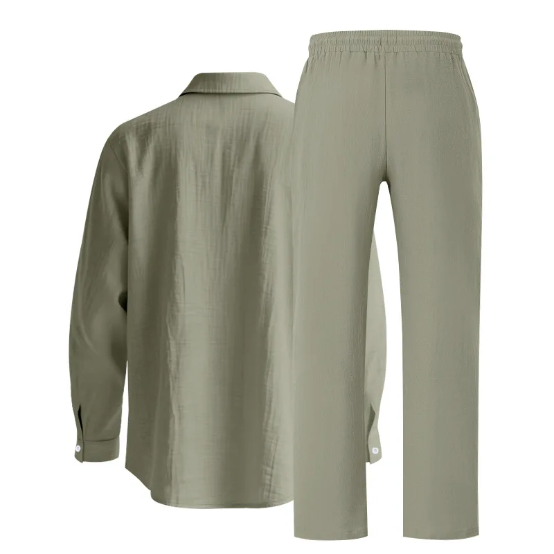 Men's Autumn Loose Trend Linen Solid Color Simple Lapel Long-Sleeved Shirt Beach Trousers Set