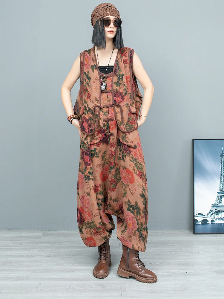 LYUZHE 2025 Spring Autumn New Vintage Printed Patchwork Women Matching Sets V-neck Vest And Overalls Casual Suit ZXY279B 3