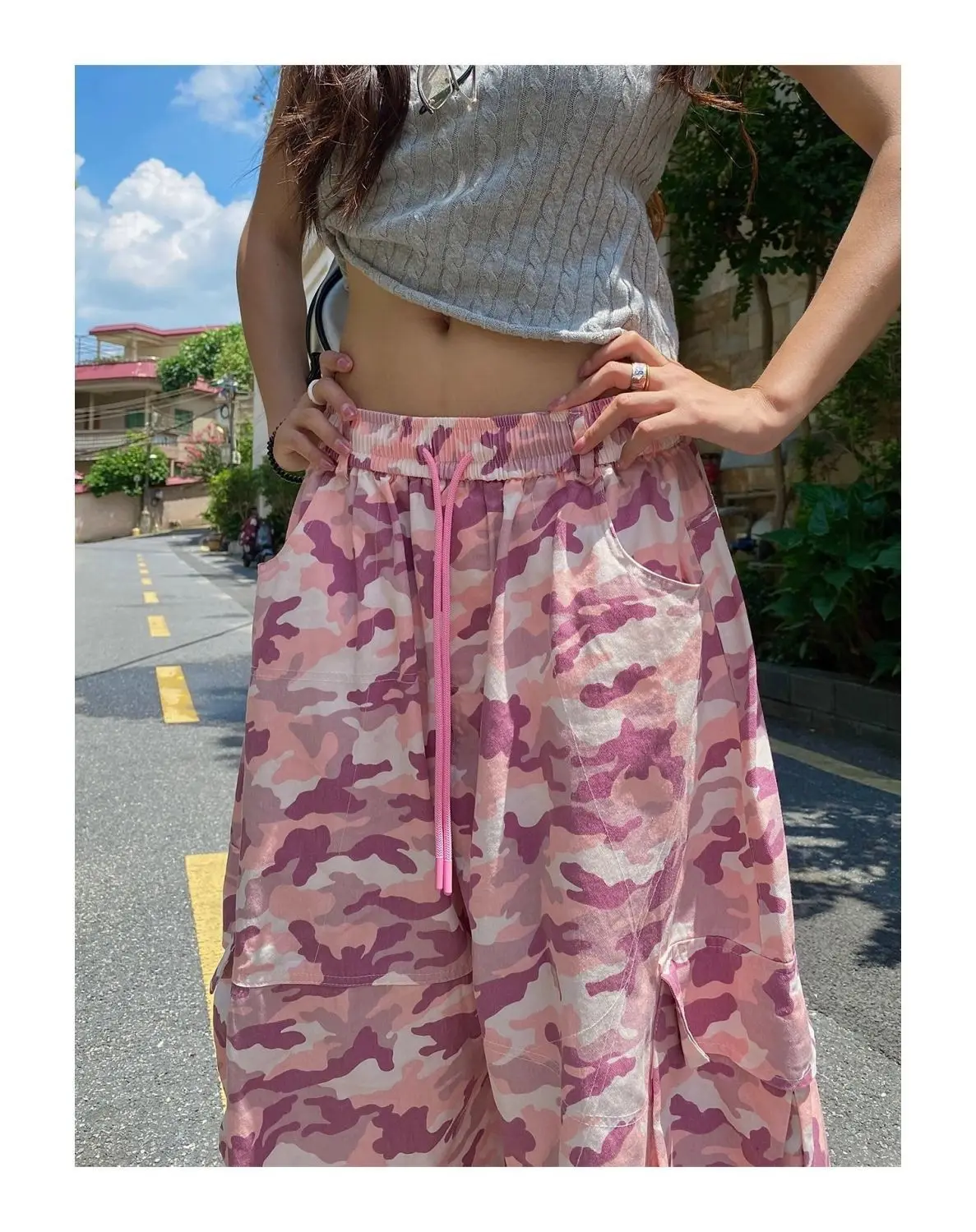 Unique Pink Camouflage Cargo Pants High Waisted Wide Leg Casual Streetwear with Drawstring Waist & Side Pockets Hip Hop Dance