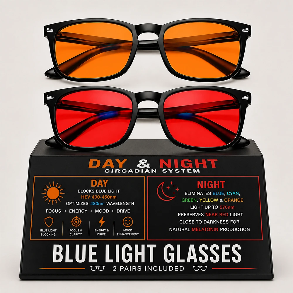 Enhanced Sleep and Screen Protection Glasses with Leather Case - Red Tinted Lenses