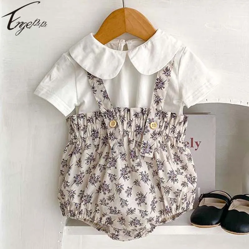 

Летний костюм для девочек, одежда, футболка с коротким рукавом для маленьких девочек + комбинезон, Комбинезоны из 2 предметов, хлопковый комбинезон для маленьких девочек с цветочным принтом