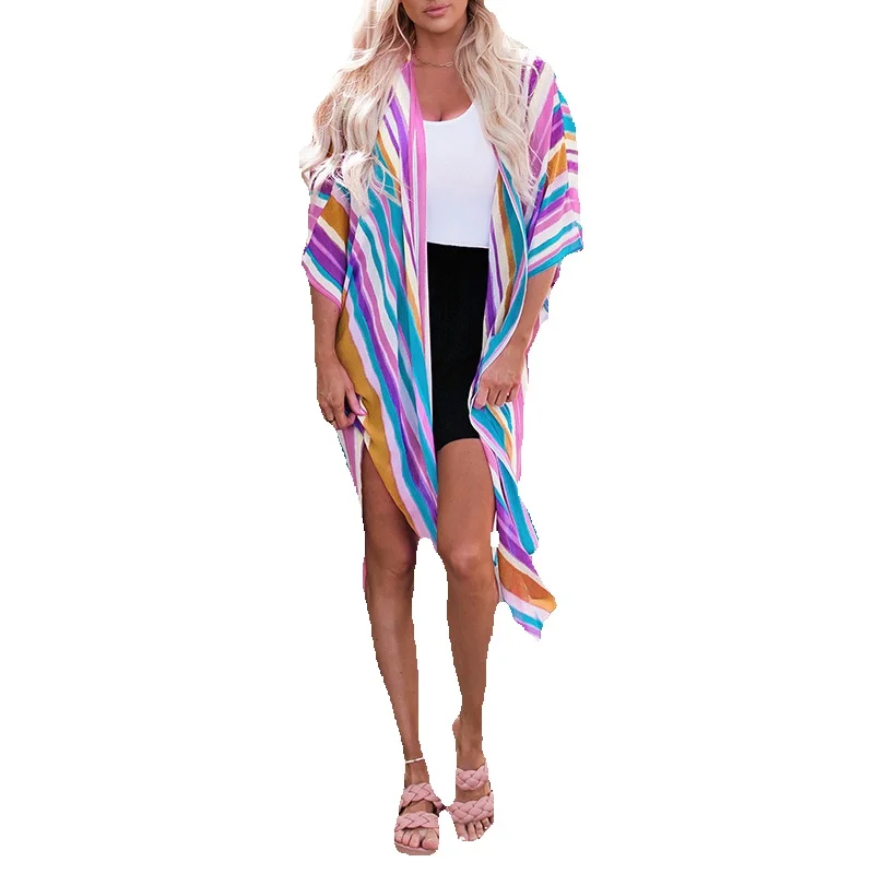 

Summer Multi-Color Striped Printed Large Silhouette Beach Sun Protection Suit For Women And Women's Color Matching Cape Shawl