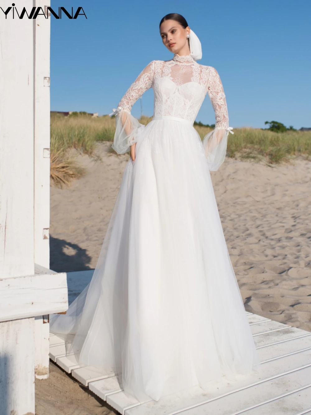 

Modest High Collar Long Sleeve Wedding Dress Vintage Lace Bride Robe 2024 Elegant A-line Long Bridal Gown Robe De Mariée