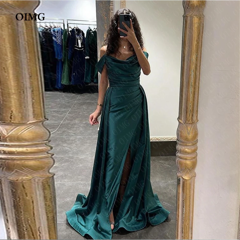 

OIMG Green A Line Off Shoulder Formal Evening Dresses Side Slit Formal Event Party Prom Dress Arabic Robe de soiree Vestidos