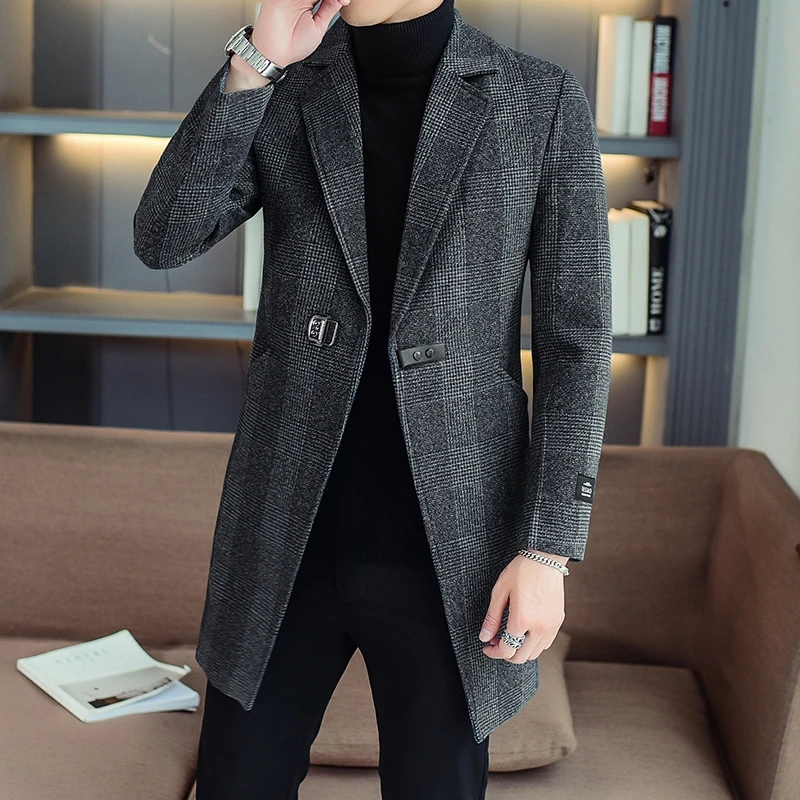 Business Casual Men's Plaid Mid-Length Overcoat Outwear Checker Windbreaker Warm Woolen Coats High-Street Thicken Trench Jackets