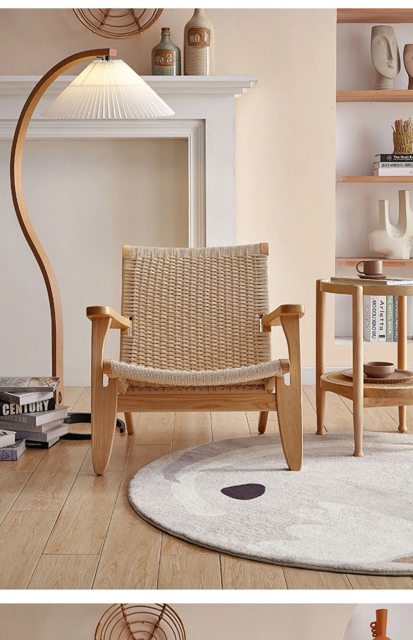 Description Picture 4 of itemSolid Wood Rattan Armchair Home Living Room Balcony Back Simple Single Sofa Lazy Chair Office Conference Room Furniture