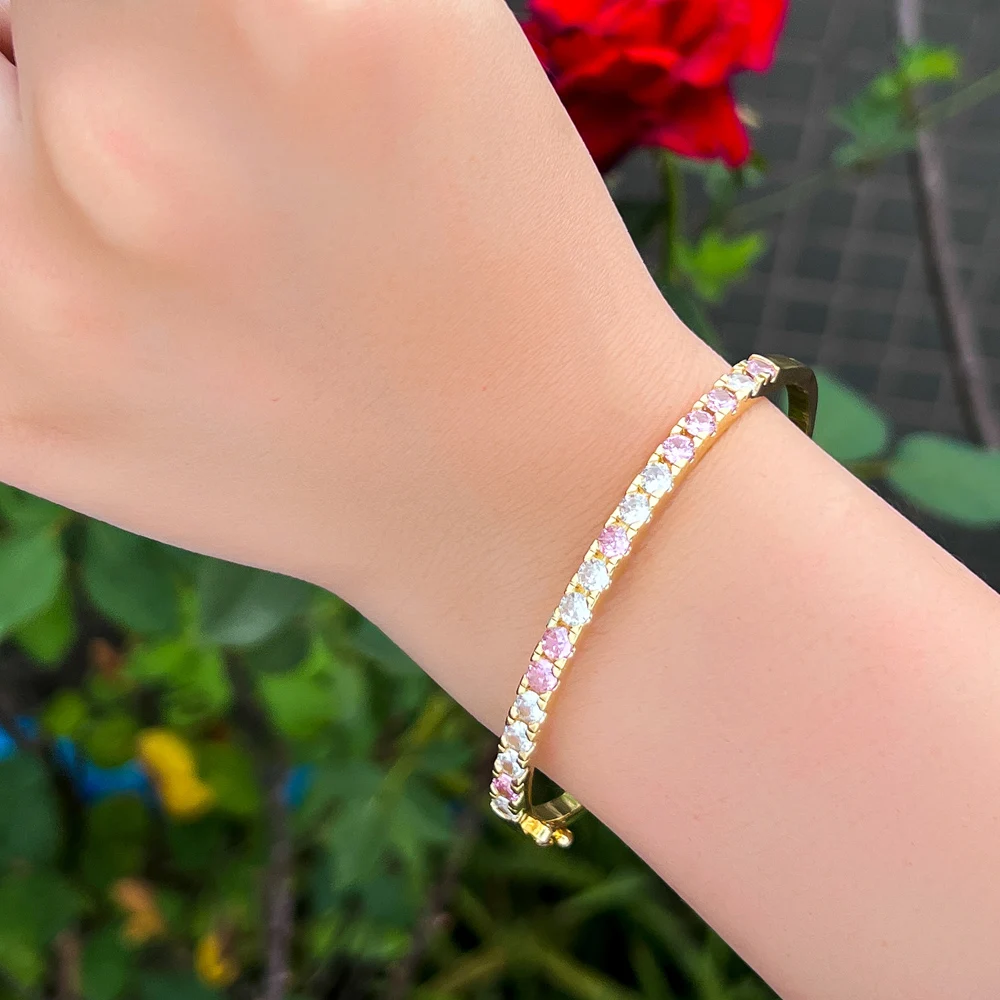CWWZircons Classic Bling Round Cubic Zirconia Pave Gold Plated Green Tennis Bangle for Women Trendy Jewelry Accessories BG061 6