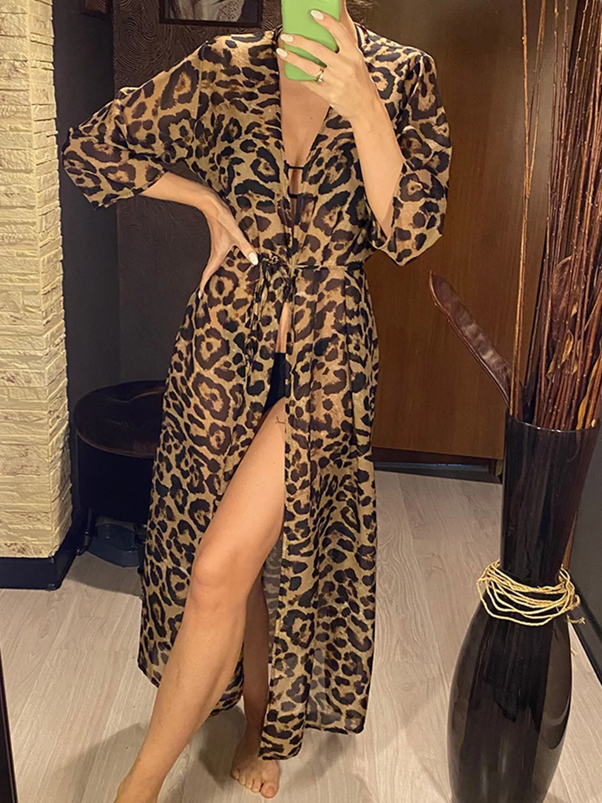 New Sexy Leopard Printed Beach Cover Up Chiffon Cover-ups Swimwear Beach Wear Summer Beachwear Female Women Long Dress K3219C 4