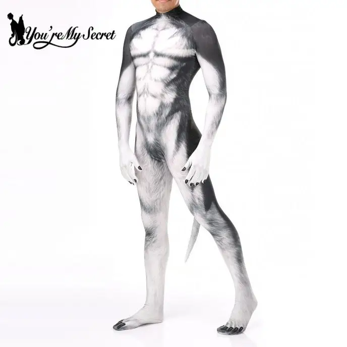 

[You're My Secret] Women Men's Cosplay Animal Wolf Print Pet Bodysuit Jumpsuit with Tail Open Crotch Zipper Halloween Costume