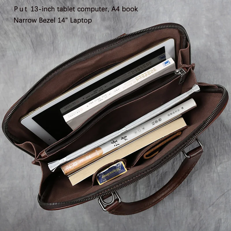 Vintage Men's Briefcase Top Layer Cowhide Casual Handbag Leather Business Shoulder Messenger Bag Brown 14 Inch Laptop Bag NZPJ 5