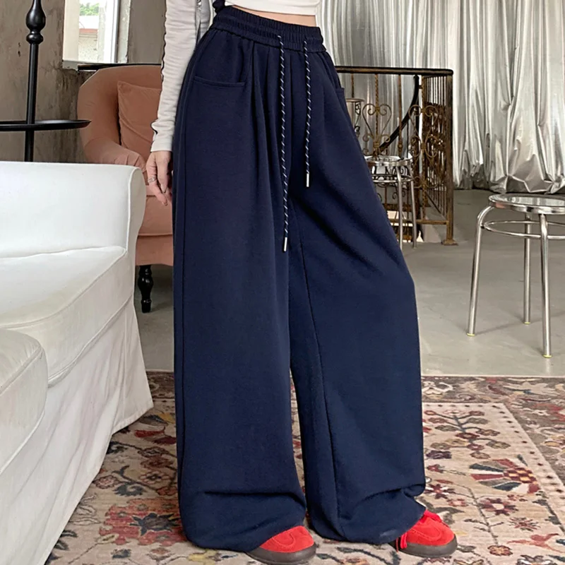2024 Autumn Women Hip Hop Style Baggy High Waisted Long Pants Lady Versatile Streetwear Solid Color Drawstring Wide Leg Trousers 2