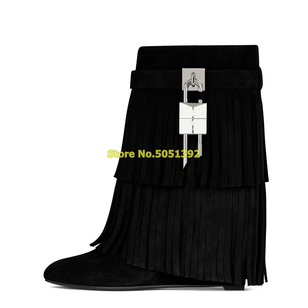 

Tassel Mid Calf Boots Wedges Metal Lock Decor Zipper Round Toe Height Increase Solid Black Brown Fashion Winter Women Boots