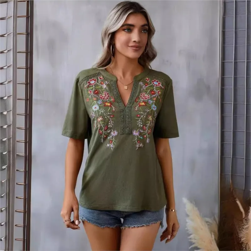Women Summer Retro Print Spliced V Neck Cotton Shirt main image 0