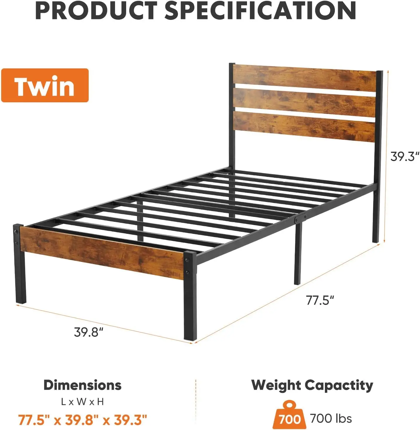 Twin Size Metal Platform Bed Frame - Mattress Foundation with Headboard and and Footboard, No Box Spring Needed with 700LBS Stur 2