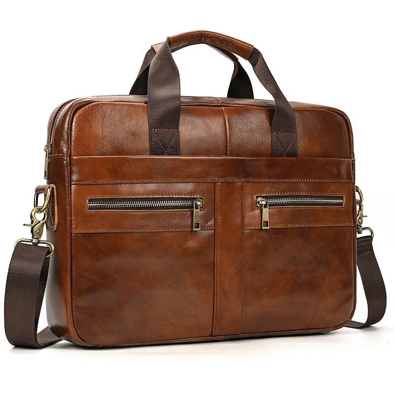 

Men's leather briefcase business man's bag top layer cowhide lawyer's computer bag Men's style large 15.6 laptop bag with strap