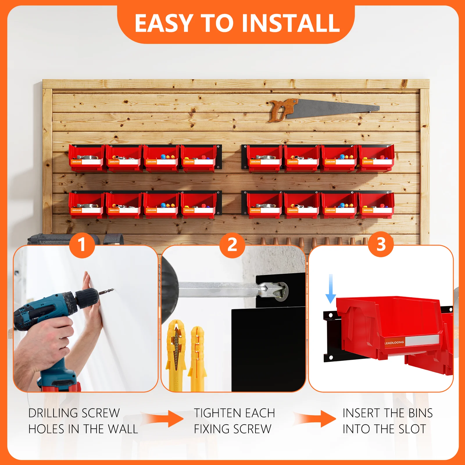 LEADLOONG Durable Wall Mount Organization 49.7*11.4 CM/19.6*4.5 INCH Metal Pegboard For Parts Bin Organizere 2