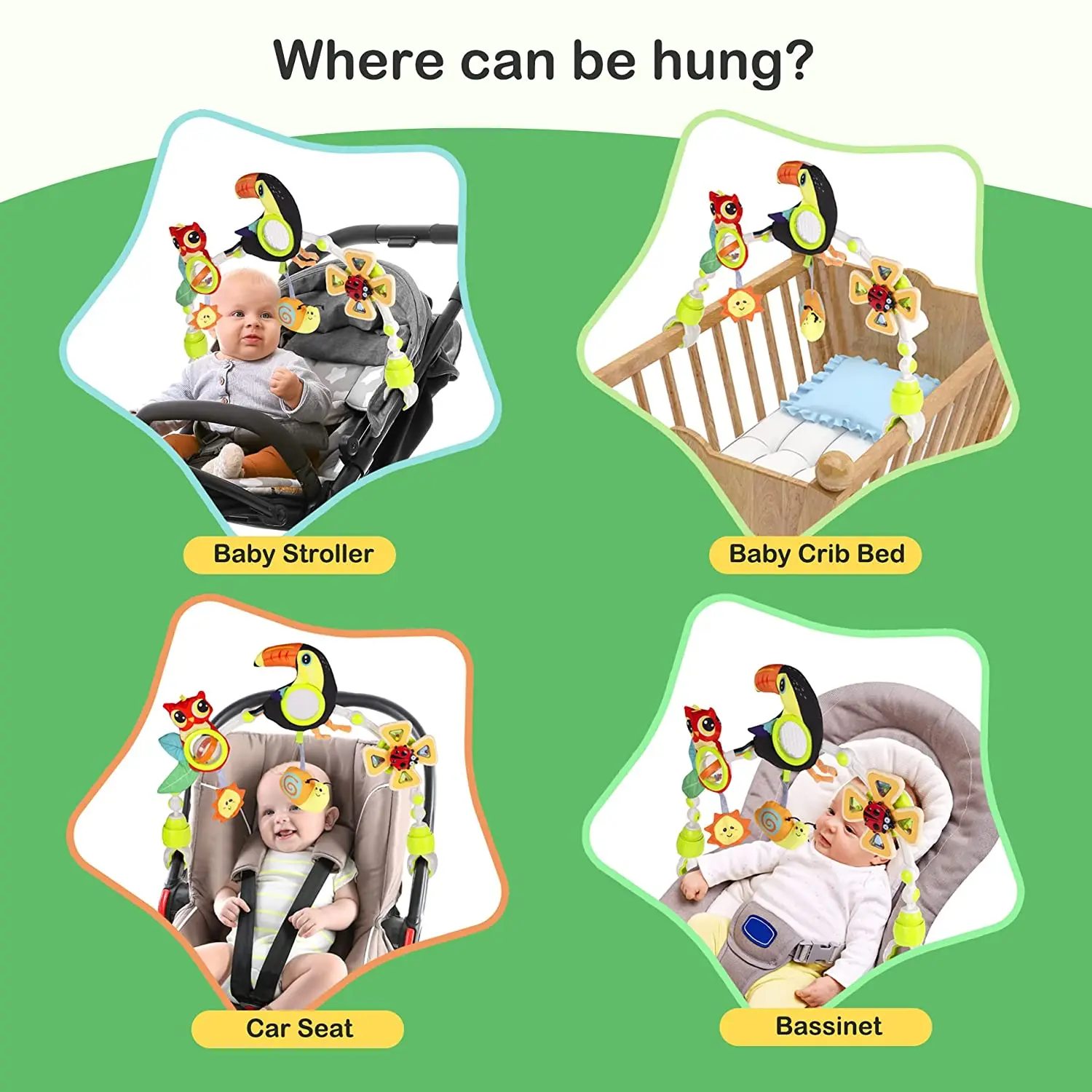 Cochecito de bebé, arco de juguete, asiento de coche, juguetes con colgante, actividad sensorial, actividad de cochecito
