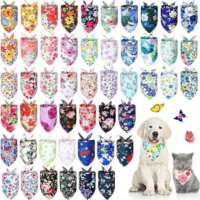 20Pack Flower Floral Dog Bandanas Spring Bee Polyester Triangle Dog Scarf with Flower Patterns for Small Medium Large Dog Pet 1