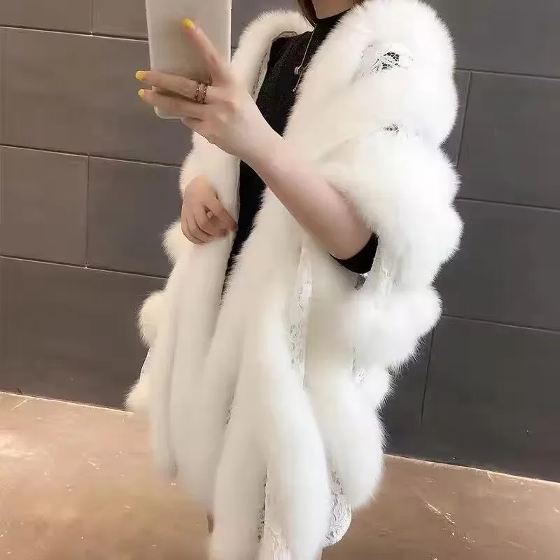 

White Faux Fur Shawl Jacket Women's Autumn Winter New Faux Mink Fox fur Dress Cheongsam Cloak Coats Thicken Warm Short Outwear