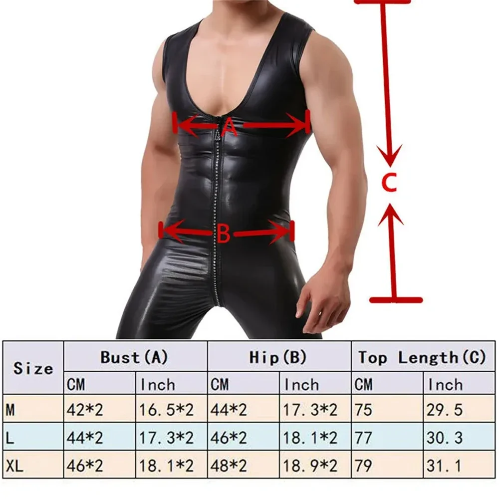 Sexy Men's Undershirts Sleeveless PU Leather Bodysuits Zipper Open Crotch Leotard Jumpsuits Underwear Gay Male Wrestling Singlet