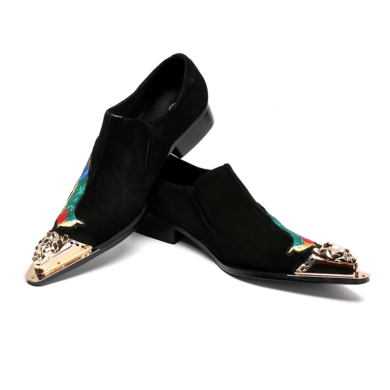 Christia Bella New Luxury Embroidery Bird Men Suede Leather Shoes Metal Pointed Toe Men Dress Oxford Shoes Party Mens Suit