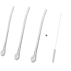 Stainless Steel Straw Spoon with Cleaning Brush - Multi - Use Metal Stirrer (3PCS)