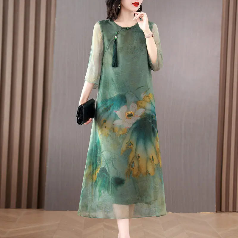 

2023 Summer Chinese Style Women's High End Vintage Printed Silk Dress Large Size Loose Fit Casual Retro Long Dress Z1672