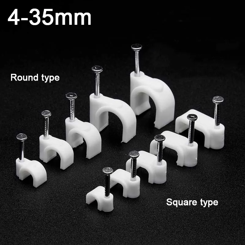 

100PCS PE Plastic 4/5/6/7/8/9-35mm Circle/Square Cable Clip C Shaped Steel Nails Cable Clips Wire Wall holder Wire Retainer