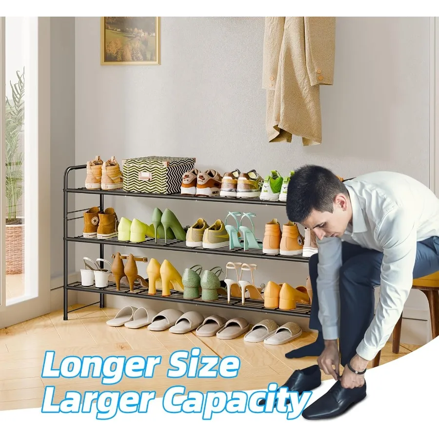3 Tier Shoe Rack for Closet 46.5 Inch Extra Long Shoe Storage Organizer for Shelves Heavy Duty Metal Easy Assembly Black