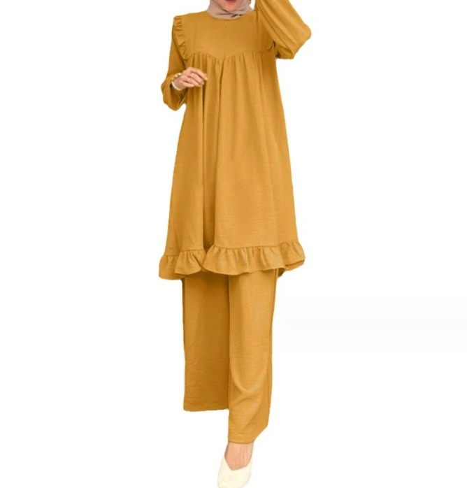 Home Fashion Suit Set for Women's Casual Ruffle Edge Solid Color Patchwork Long Sleeved T-shirt Top and Loose Wide Leg Pants Set