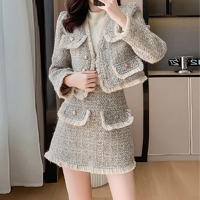 

Autumn Winter Small Fragrance Style Ladies Two-piece Tweed Long-sleeved Ladies Short Coat Crop Top And High-waisted Mini Skirts