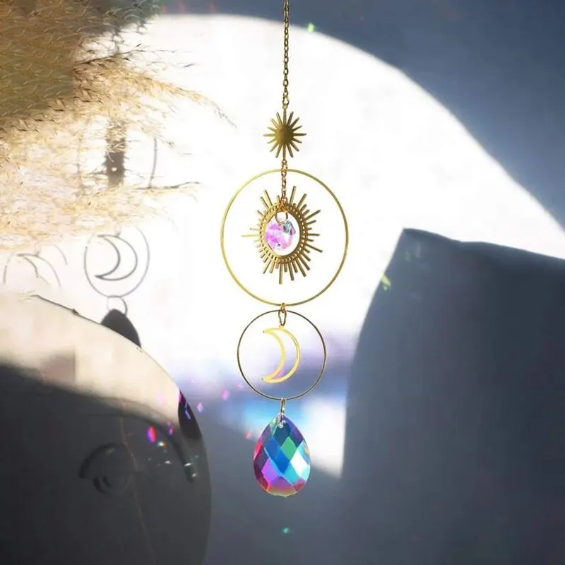 Crystal Wind Chimes with Star and Moon Sun Prism Ball Garden Decoration Piece