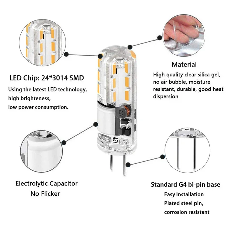 360 빔 앵글 미니 LED 전구, 크리스털 샹들리에, 할로겐 램프 교체용, 깜빡이 없는 LED 조명 실리콘, G4, 12v, Smd3014