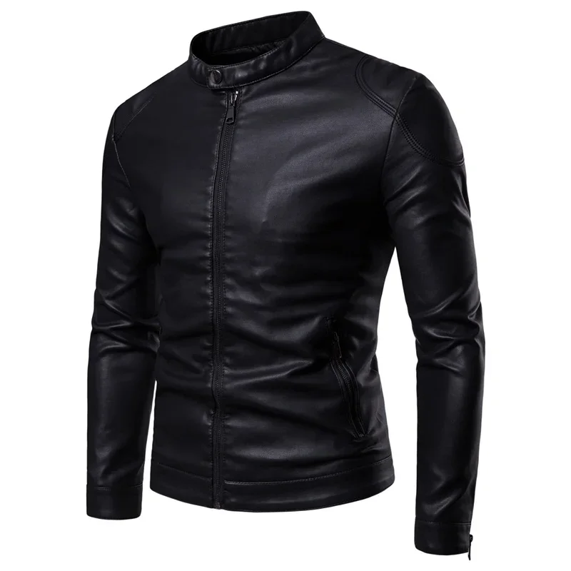 MaiDangDi Autumn and Winter Men's Baseball Collar Letter PU Leather Jacket Casual Versatile Motorcycle Zipper Men Leather Jacket
