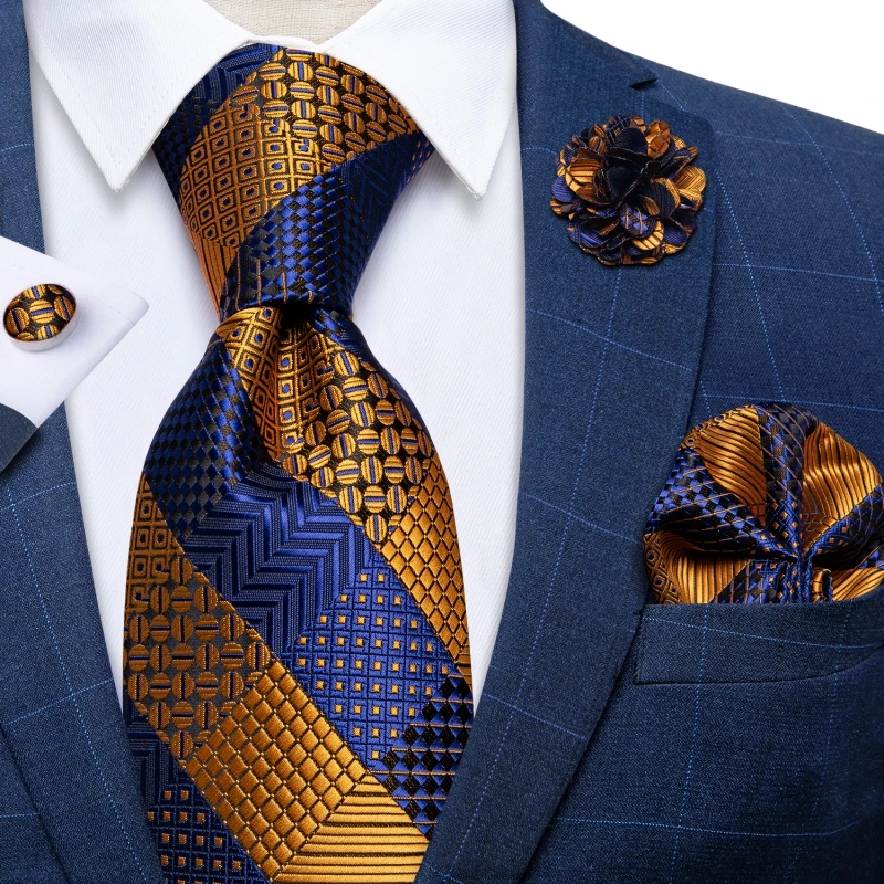 Gold-blaue Krawatten mit Streifenmuster für Herren, 8 cm, Herren-Krawatten-Set mit Brosche, Hochzeitsaccessoires, Herren-Geschenk, Gravatas. – Detail 3