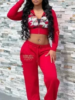 Bangniweigou Skull Love Print Zipper Short Cardigan + High Waist Straight Leg Pants Two Piece Set Women Tracksuit Autumn Winter 1