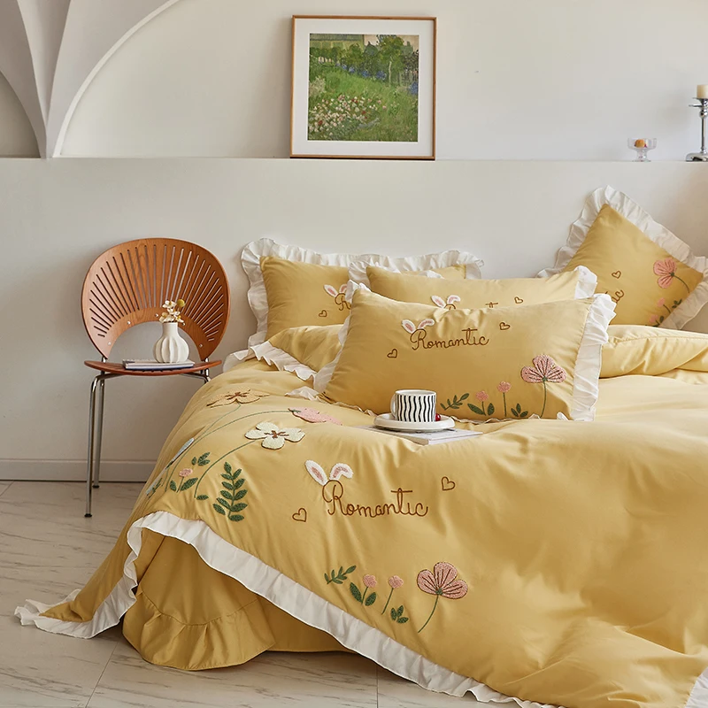 

MissDeer Embroidered Duvet Cover Set with Pillowcase Lace Style Bedding for Girls Room Pink Bed Linen Sets Queen Size
